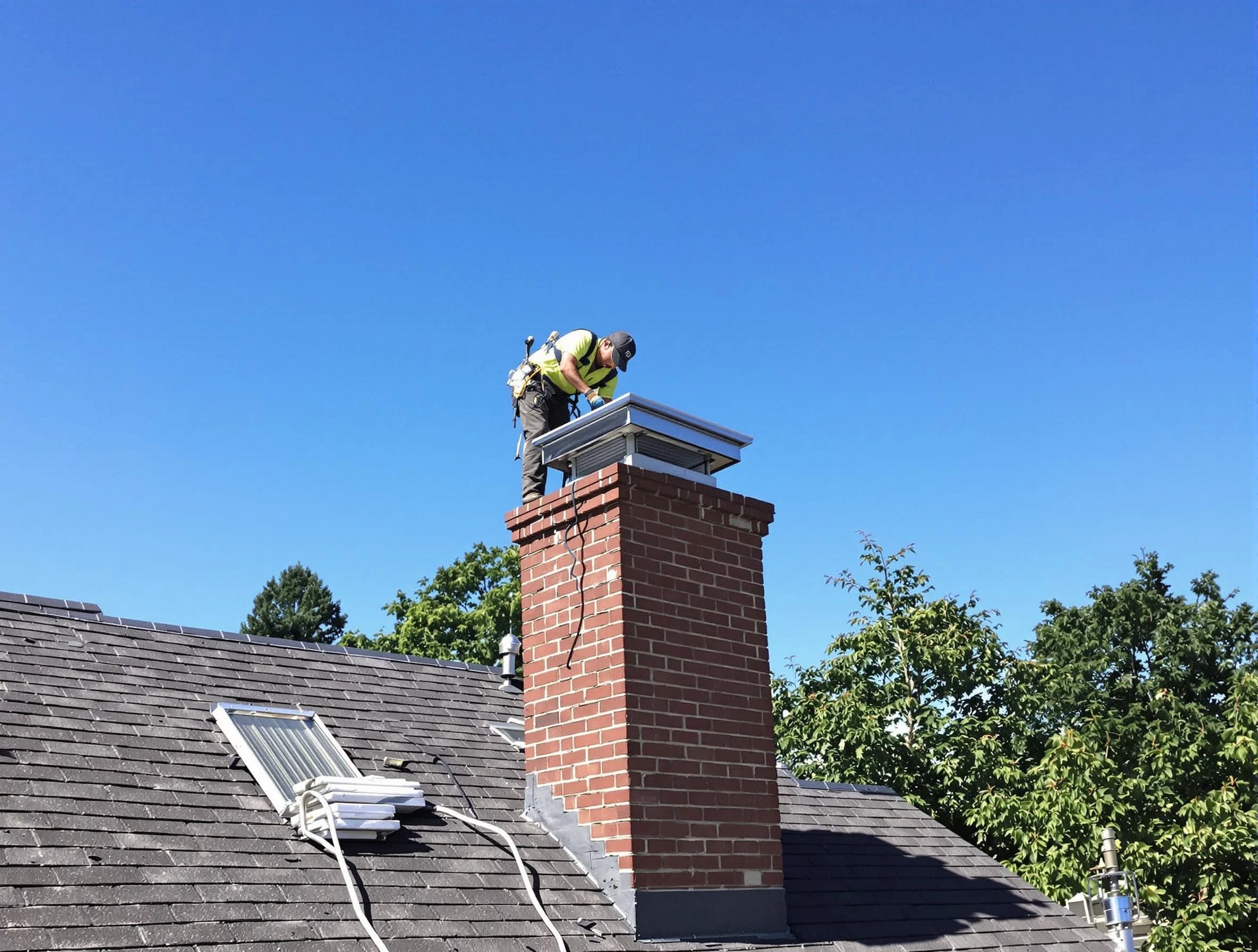 Leominster Chimney Sweep technician measuring a chimney cap in Leominster, MA