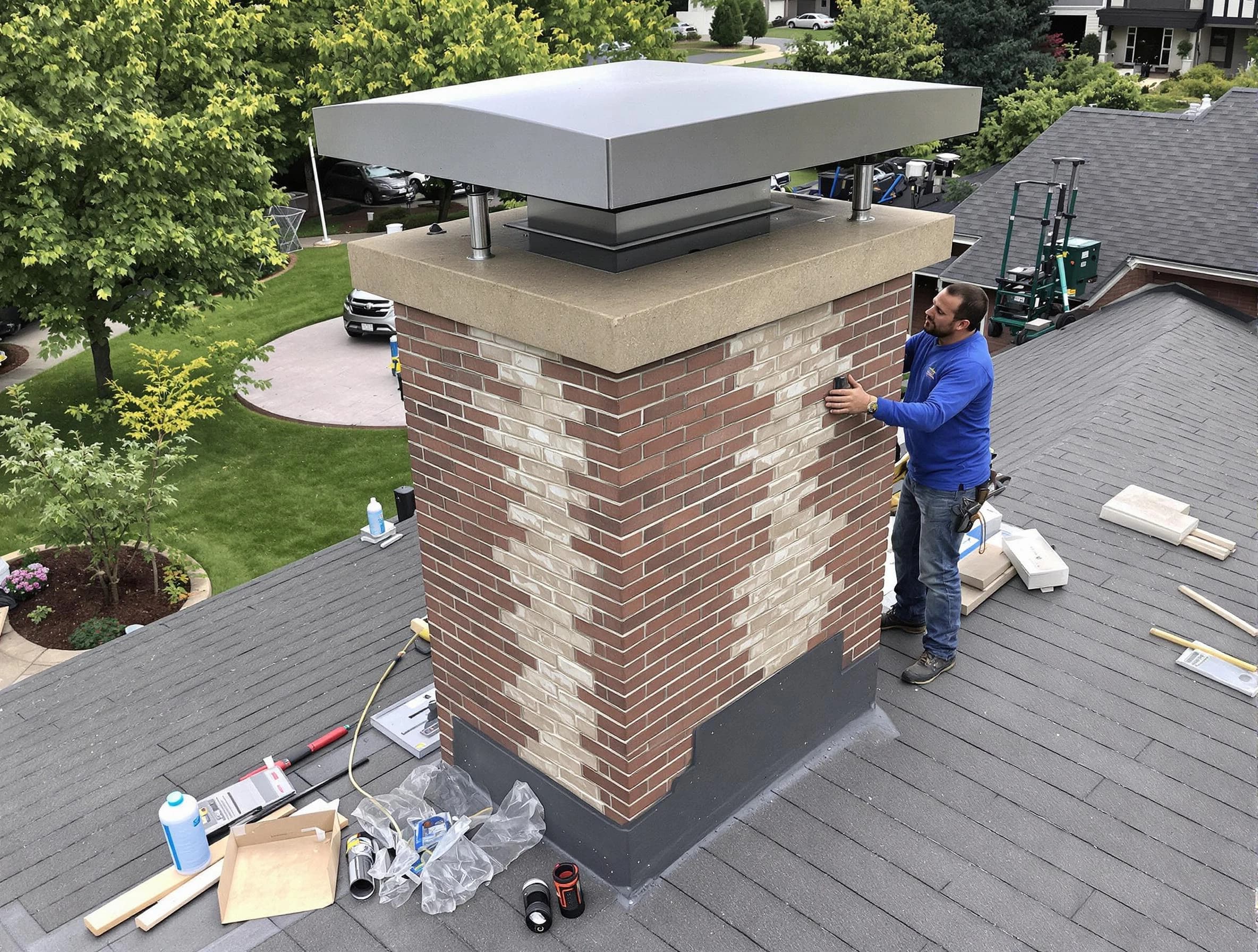 Leominster Chimney Sweep team working on a custom chimney remodel in Leominster, MA